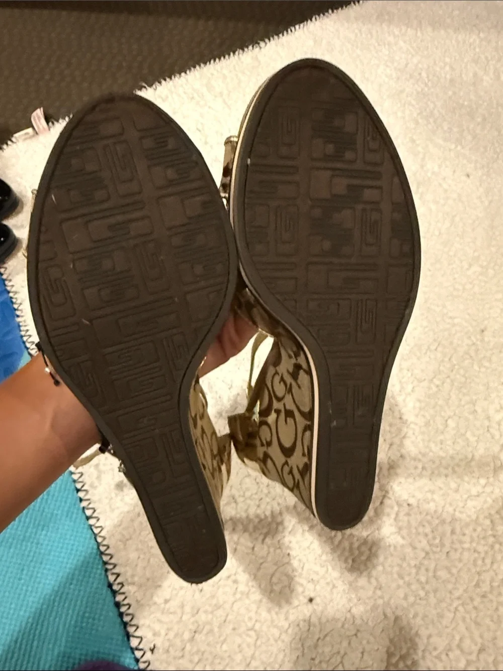 Guess Tan Logo Print Wedge Sandals with Ankle Strap
